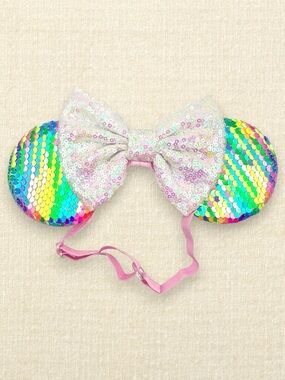 Elastic Rainbow Sequin Minnie Ears – White Bow | Disney-Inspired Mouse Ears